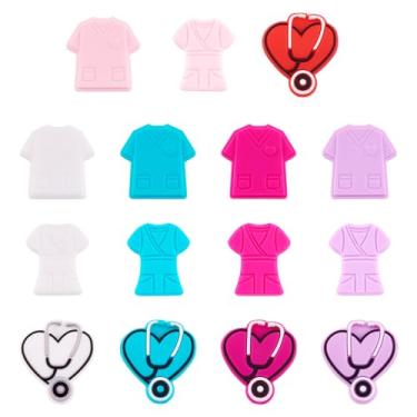Imagem de Boutigem 15 contas focais de silicone tema enfermeira contas espaçadoras de borracha estetoscópio camiseta espaçador contas 25-30 mm para caneta com contas chaveiro pulseira fabricação de joias