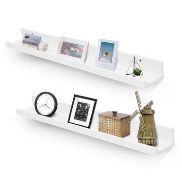 Imagem de Muzilife Prateleiras flutuantes de parede grandes de 89,9 cm com borda - conjunto de 2 prateleiras flutuantes de madeira - borda branca montada na parede para escritório, banheiro, quarto, sala de