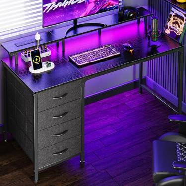 Imagem de Huuger Mesa de computador de 120 cm com tomadas elétricas e luzes LED, mesa de jogos com 4 gavetas, mesa de escritório com suporte para monitor, mesa de estudo para escritório em casa, espaços
