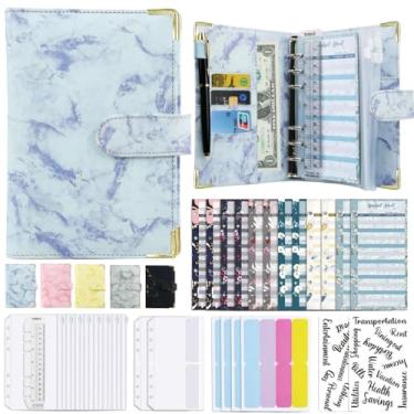 Imagem de Joucien A6 Folha solta padrão de mármore caderno couro PU braçadeira de folha solta Ledger-Mármore + protetores de canto: conjunto azul roxo