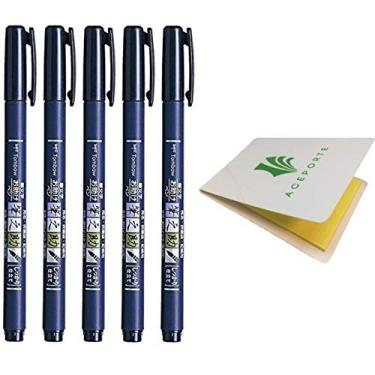 Imagem de Tombow Fudenosuke – Conjunto de 5 canetas de pincel rígidas (GCD-111) com notas adesivas originais – Ótimo para caligrafia, desenhos artísticos, ilustração, mangá