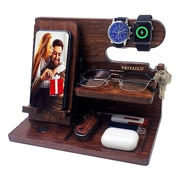 Imagem de VEIYAILU Gifts for Men Women Brother Boss Boyfriend Him Nightstand Organizer Gifts for Dad from Daughter Son Wood Phone Docking Station (Dark Brown)