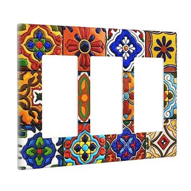 Imagem de Talavera mexicana padrão de cerâmica 3 Gang Rocker interruptor de luz placa tripla decora tomada de parede placa de parede decorativa para banheiro casa quarto decorar