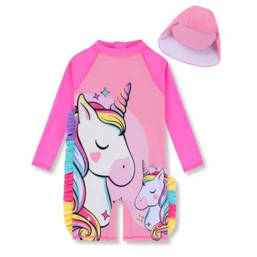 Imagem de PURFEEL Conjunto de roupa de banho infantil Rashguard de manga comprida com FPS 50+ com zíper UV, Unicórnio rosa, 3-4 Anos