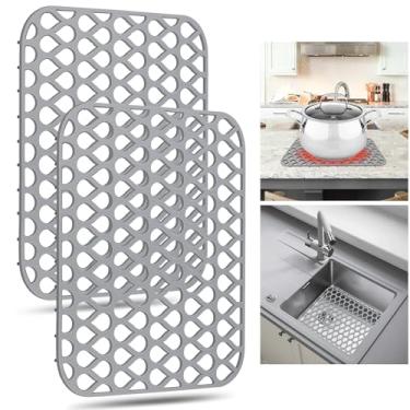 Imagem de Protetores de pia para pia de cozinha, 2 peças de tapete de cozinha de silicone 34,5 x 29,5 cm, protetor inferior antiderrapante compatível com casa de fazenda/aço inoxidável/porcelana (cinza)