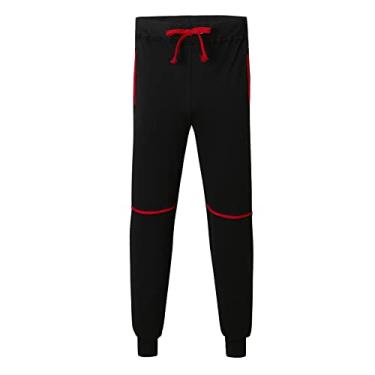 Imagem de Calça masculina casual de lazer de outono cor sólida calça cropped cor contrastante renda esportiva calça solta pequena, Preto, XG