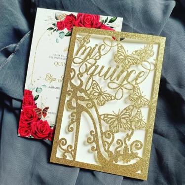 Imagem de 20 peças sapatos de cristal cartões de convite de quinze anos com folha em branco e envelope convite de quinze anos para Miss XV, SVG, DXF, PNG, 15 anos, aniversário de 16 anos, chá de noiva de