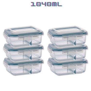 Imagem de Kit 6 Potes de Vidro com Divisória Marmita 4 Travas 1040ml - PRATICASA