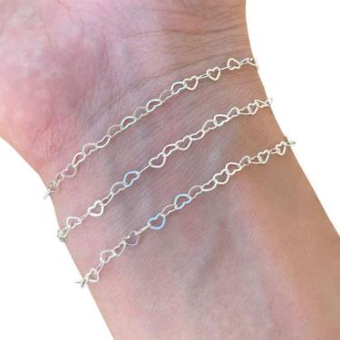 Imagem de Kit 3 Pulseira Feminina de Prata 925 Legítima Elos Corações - Hakuna J