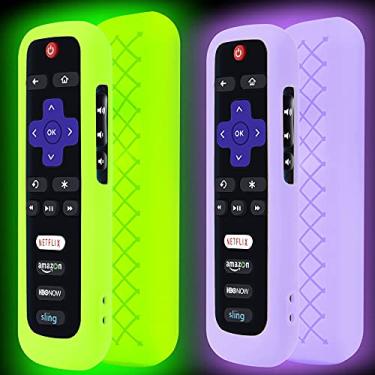Imagem de Pacote com 2 capas remotas para Roku, capa de bateria para controle remoto TCL Roku Smart TV, capa remota de silicone para controle de proteção universal da Roku TV que brilha no escuro, verde, roxo
