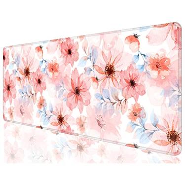 Imagem de Niniubye Tapete de mesa, tapete de mouse grande, tapete de mouse 32" x 12" GGG estendido para jogos, tapete de mesa de decoração de mesa, bonito masculino feminino suprimentos de escritório e acessórios, mouse pad GG para laptop e teclado, flor rosa
