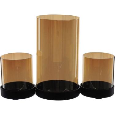 Imagem de CASTIÇAL PORTA VELA SUPORTE 3 PARTES HOME&CO BASE METAL VIDRO 18x27x10cm ÂMBAR