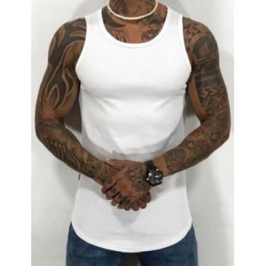 Imagem de Camiseta Masculina Regata Americana Malha Ribana Slim Branca, GG