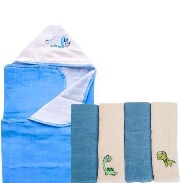 Imagem de Kit Enxoval 5 peças 1 Toalha Banho com Capuz e 4 Fralda Bordada Recém 