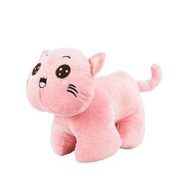 Imagem de Gato De Pelúcia Carinha Feliz Detalhes Bordado 32Cms - Rosa Olho Abert