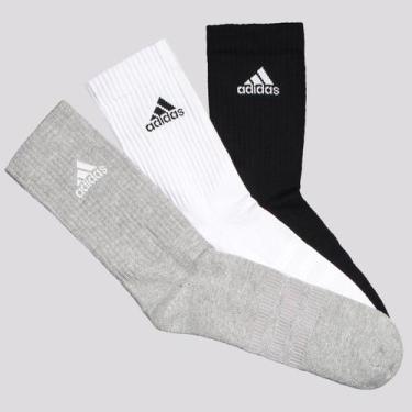 Imagem de Kit Meia Adidas Logo Cano Alto 3 Pares Branca Preta e Cinza, M