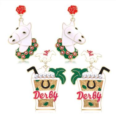 Imagem de VOGUEKNOCK 2 pares de brincos Derby para mulheres, Kentucky Derby, cavalo, ferradura, brincos pendentes, presentes para fãs de corrida, Zinco, Sem pedra preciosa