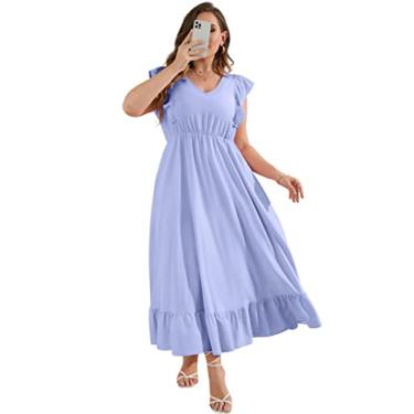 Imagem de KOJOOIN Vestido feminino plus size de verão com bolso com babados, sem mangas, decote em V, fenda lateral, vestido longo de praia, Azul - 1, GG