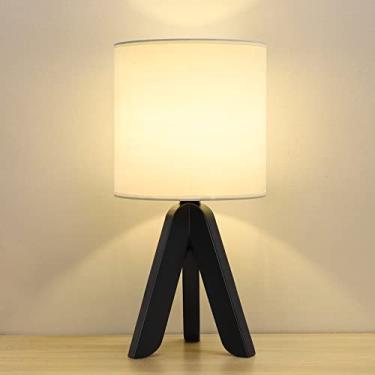 Imagem de HAITRAL Abajur de Mesa de Tripé de Madeira com Base Preta, Abajur de Mesa Pequeno, Abajur de Cabeceira com Abajur de Tecido de Linho, Abajur de Mesa de Cabeceira, Abajur Fofo para (, Preto/Branco)