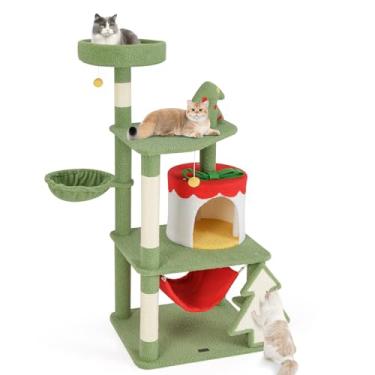 Imagem de PETSITE Árvore para gatos com tema natalino de 132 cm, torre de vários níveis para gatos com postes e tábua de sisal, condomínio para gatos, cama de cesta e rede destacável, árvore fofa para gatos em