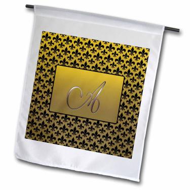 Imagem de 3dRose fl_36079_1 Letra elegante uma moldura dourada em relevo sobre um padrão de flor de lis preta em uma bandeira de jardim com fundo dourado, 30 x 45 cm