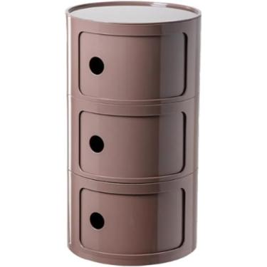 Imagem de Mesa de cabeceira redonda de plástico de 2/3/4 níveis de armazenamento com gavetas e porta deslizante, armário de cabeceira moderno nórdico para quarto, café, 32 x 58 cm