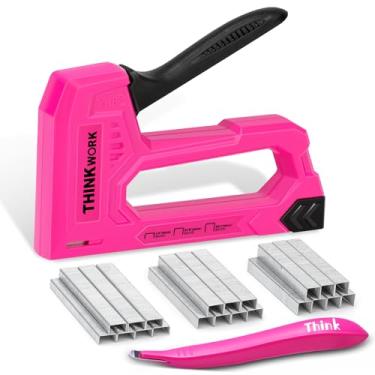 Imagem de THINKWORK Pistola de grampear leve, pistola rosa para estofamento de madeira com 2100 peças JT21 grampos 1/10.2 cm, 5/40.6 cm, 3/20.3 cm e removedor de grampo, grampeador de tecido feminino para