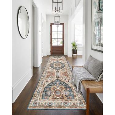 Imagem de vivorug Corredores para corredores 61 cm x 20 cm, tapete antiderrapante lavável, tapete medalhão envelhecido para cozinha, lavanderia, quarto, tapete ultramacio com suporte de borracha, amarelado/azul-marinho