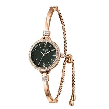 Imagem de Time100 Relógio feminino com pulseira e mostrador feminino, moderno, de quartzo, oval, quadrado, redondo, mini relógio feminino à prova d'água, Verde-escuro e dourado, Tendência