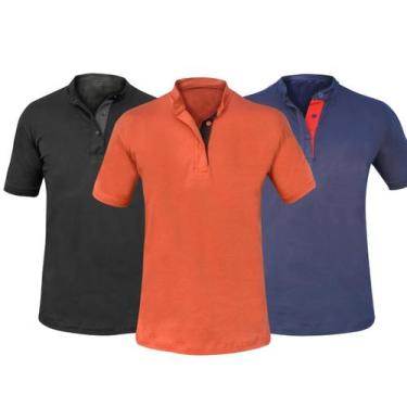 Imagem de Kit 3 Camisas Gola Padre Masculina Slim - MT Clothing, P, Preto, Azul,