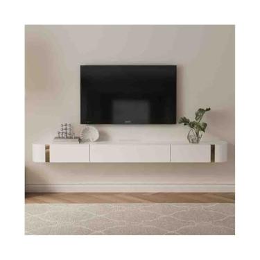 Imagem de Armário de TV Suporte de TV flutuante montado na parede para TVs inferiores, console de mídia flutuante com 2 gavetas e 1 gabinete, unidade de TV moderna de madeira de borracha com mesa de vidro tempe
