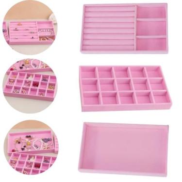 Imagem de Kit 3 Bandeja Porta Joias Veludo Organizadora Bijuteria Rosa - Imporie