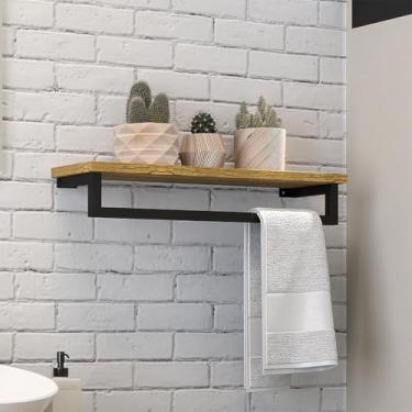 Imagem de Prateleira Suporte Toalheiro Estilo Industrial em Madeira c/Estrutura de Ferro p/Banheiro Multiuso