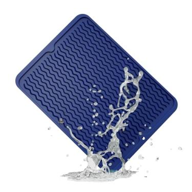 Imagem de ZLR Tapete de secagem de pratos de silicone para balcão de cozinha grande - Multi uso Eco Friendly Secagem Matt Balcão de cozinha - Fácil de limpar Almofada de secagem de pratos resistente ao calor - 30,48 cm x 40,64 cm - Azul meia-noite