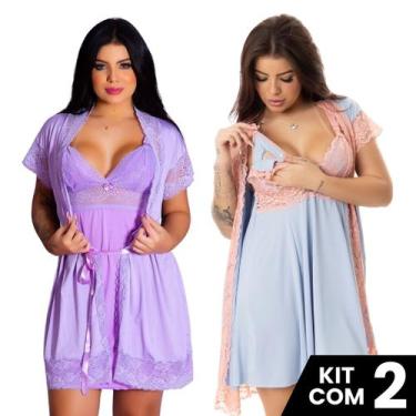 Imagem de Kit 2 Robes Roupão e 2 Camisolas Amamentação Pós Parto Liso Com Renda 
