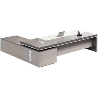 Imagem de Mesa de computador de escritório em forma de L com gaveta segura, armazenamento lateral e gerenciamento de cabos, mesa executiva de madeira, mesa de escrita, moderna, mobília de escritório, sem