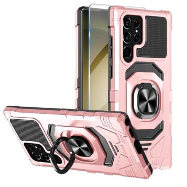 Imagem de Capa de proteção resistente para Galaxy S23 Ultra com protetor de tela integrado, grau militar, à prova de choque, anel de metal de 360 graus, suporte, capa de viagem (rosa)