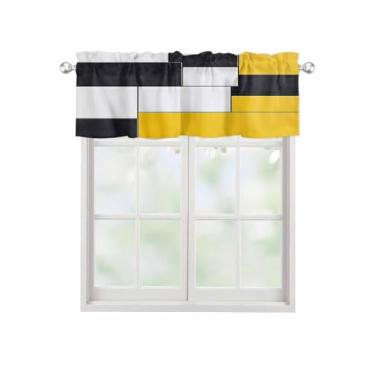 Imagem de Cortina de saia geométrica amarela preta para janelas Kithchen, cortina de patchwork abstrata, tratamento de janela, arte moderna, sanefas para quarto/sala de estar/banheiro, 137 x 45 cm