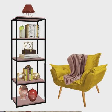 Imagem de Kit Poltrona Fatte com Manta Soft Salmão e Estante Livreiro Ferro Preto mdf Rose Suede Amarelo - Ahazzo Móveis