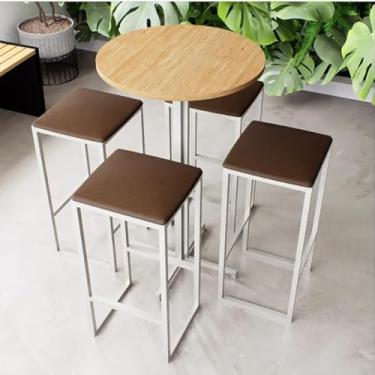 Imagem de Conjunto Mesa Alta Bar Bistrô Redonda Pinus 4 Bancos Estofado Industrial White (Marrom)