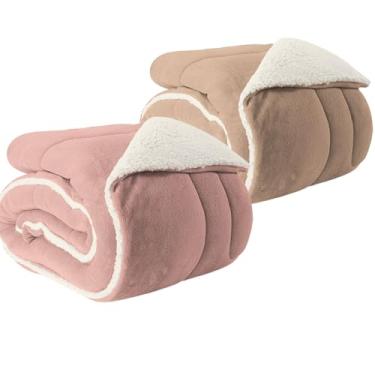 Imagem de Kit 2 Coberdrom Solteiro Manta Edredom Pele de Carneiro Sherpa Macio (ROSA E BEGE)