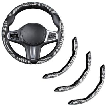 Imagem de Capa de volante de fibra de carbono, acessórios de encaixe para volante de carro, 3 peças, protetor antiderrapante universal prata brilhante