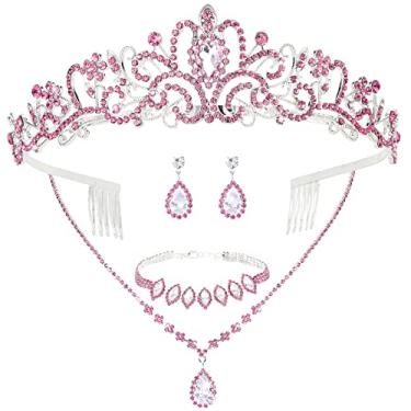 Imagem de CIEHER Conjunto de joias femininas de 4/5 peças - coroa de strass + colar de gota + pulseira elegante + brincos pendentes de gota de cristal para festa de casamento nupcial, One Size, Cobre banhado a