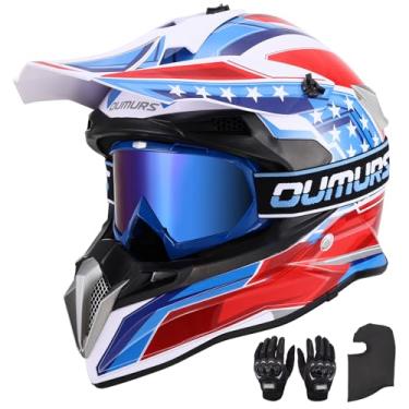 Imagem de Oumurs Capacete Dot Para Motociclistas Adultos, Com Óculos, Luvas E Máscara, Viseira Solar Ajustável, Capacete Para Motocicleta, Quadriciclo, Off-Road, Motocross, Downhill, Ciclomotor, Mx, Bmx, Uni