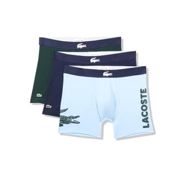Imagem de Lacoste Cuecas boxer masculinas de algodão stretch com estampa de crocodilo, pacote com 3, azul/verde escuro/azul marinho, pequena, Azul/verde escuro/azul marinho, P