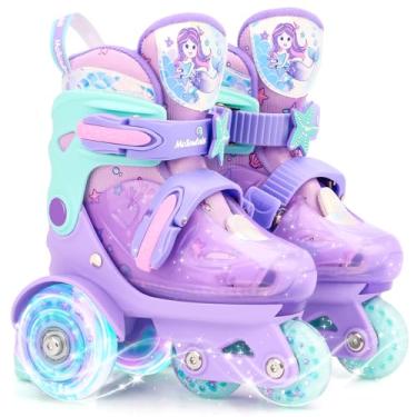 Imagem de MoSoulais Patins de corrida infantis sereia ajustáveis para meninas com rodas iluminadas Patins infantis aniversário feminino presente para jovens crianças iniciantes 5 6 7 8 anos - roxo P (10.5C-13C)
