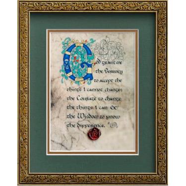 Imagem de Celtic Card Company Impressão de oração de serenidade irlandesa moldura dourada manuscritos medievais verdes selo em cera duplo fosco presente irlandês decoração de casa (23 cm x 28 cm)