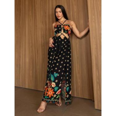 Imagem de Vestido Longo com fenda lateral Carina  - Heloisa Modas, Preto estampa