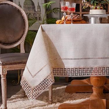Imagem de ARTABLE Toalha de mesa de renda com borda de macramê requintada bordada para cozinha e férias (pedra, 139 x 237 cm)