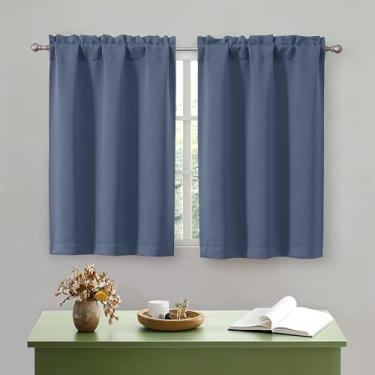 Imagem de OWENIE Cortinas de cozinha azul jeans 91 cm de comprimento, pequenas cortinas blecaute com isolamento térmico, camada sobre a pia, bolso para varão, meia janela, para banheiro, quarto, acampamento